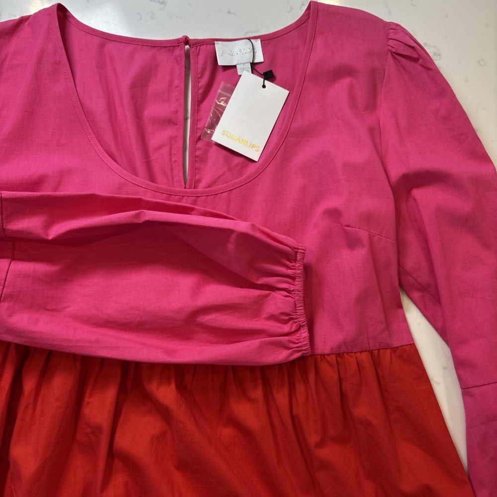 SugarLips In A Heartbeat Color Block Dress Tiered Ruffle Flare Pink Red‎ LG New - Picture 10 of 10